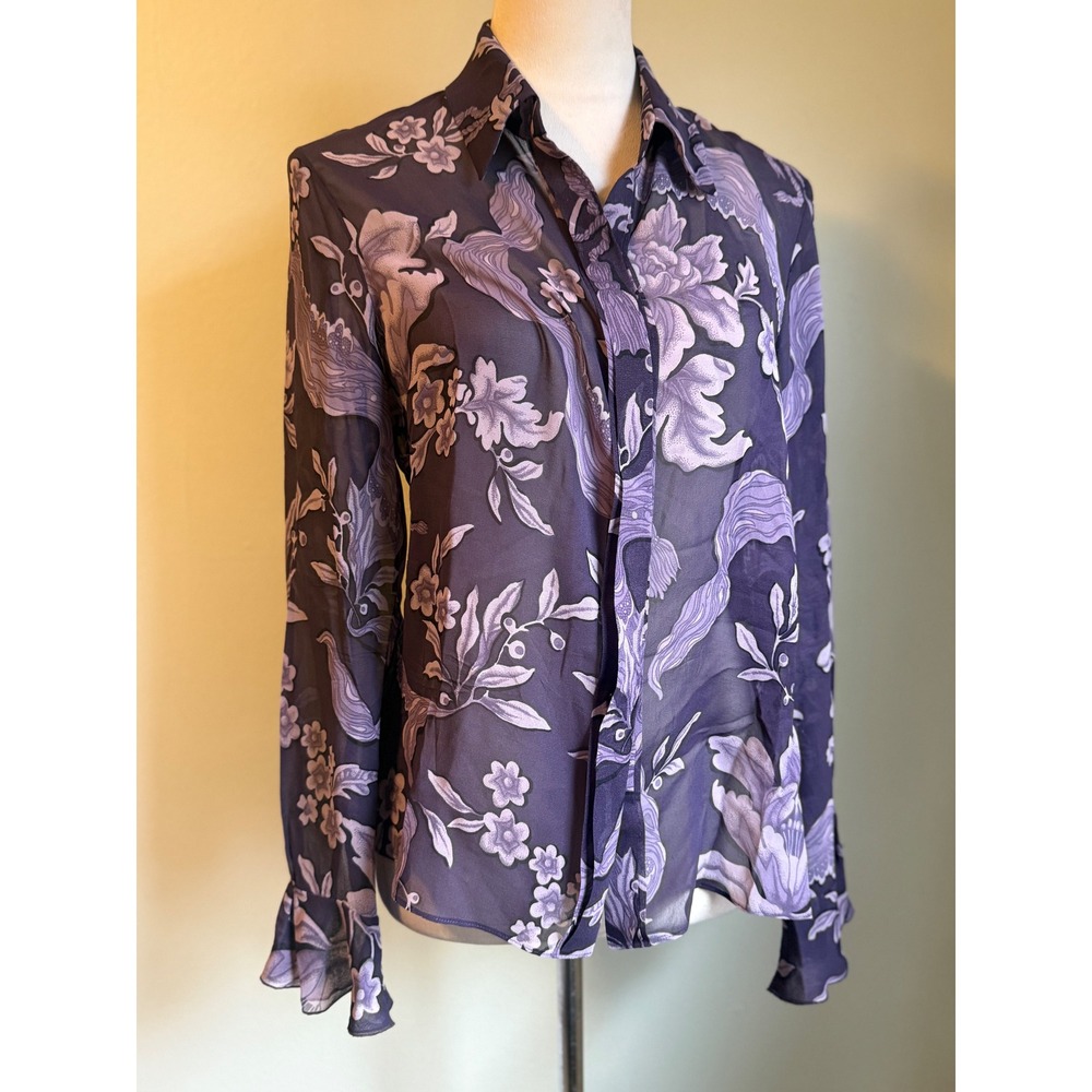 Albert Nípon Silk Floral Sheer Button Blouse 6 Purple vintage boho fairy whimsi
